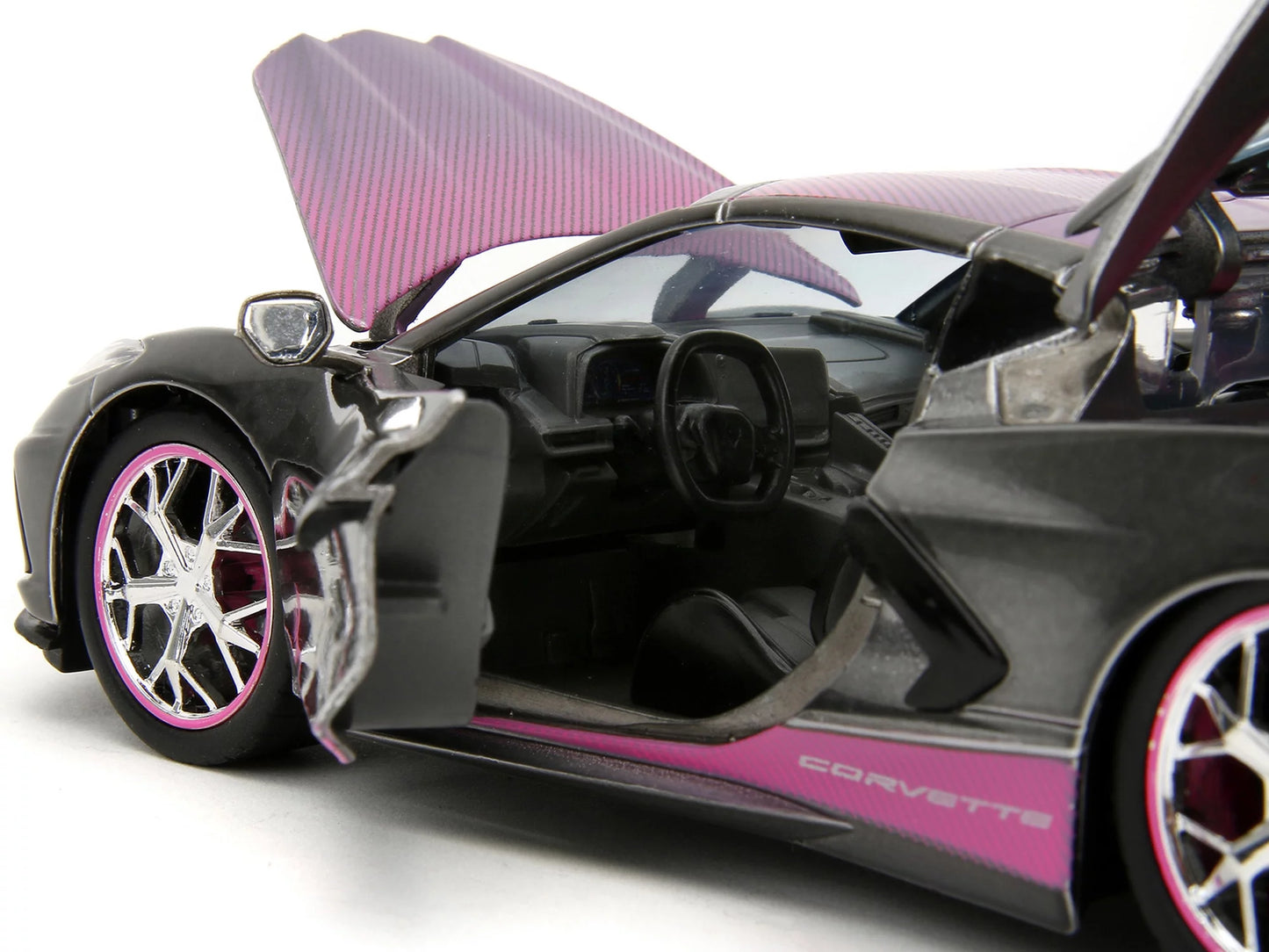 2020 Chevrolet Corvette Stingray Gray Metallic with Pink Carbon Hood and Top Pink Slips Series 1/24 Diecast Model Car by Jada