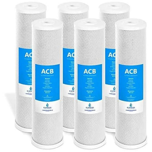 6 pack moisture filter activated carbon block replacement filter  acb large capacity moisture filter  whole house filtration  5 micron liquid filter  4.5” x 20” inch