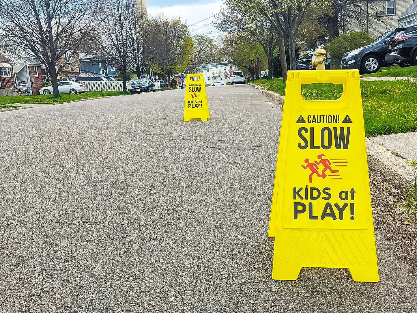 2 Pack Caution! SLOW - KIDS at PLAY! Signs, Double Sided, High Visibility Yellow Color, Fold-Out Standing Signs, Portable with Carrying Handle - by SciencePurchase